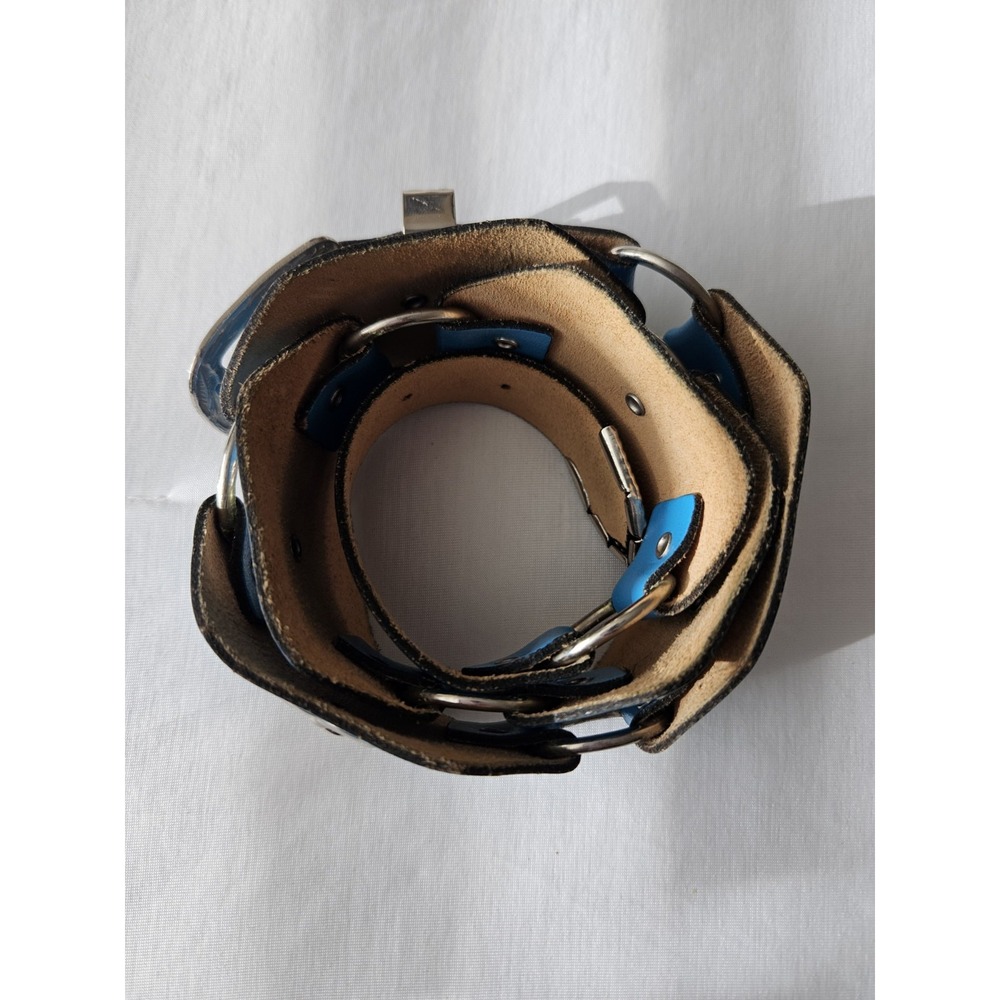 Vtg Blue Leather Octagon Concho Western Boho Hippie Silver Buckle Belt - Picture 10 of 11